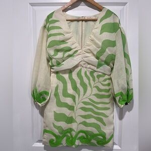 NWOT Anthro Leaf Patterned/ Embroidered Mini Dress with Green Accents